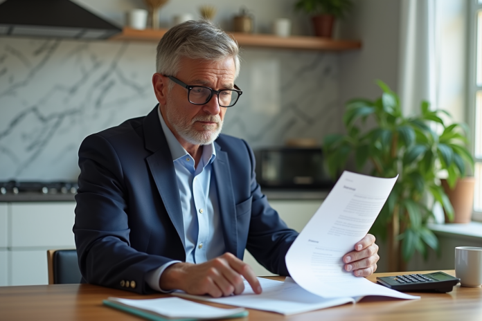homme-contrat-hypotheque Homme d'âge moyen en costume vérifiant des documents hypothécaires