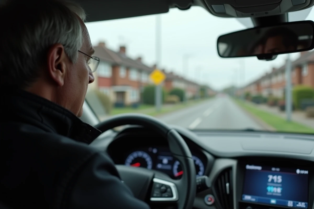 Homme regardant le tableau de bord de sa voiture en banlieue anglaise