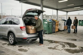 Un homme dépose des cartons dans une déchetterie municipale un jour d'affluence modérée