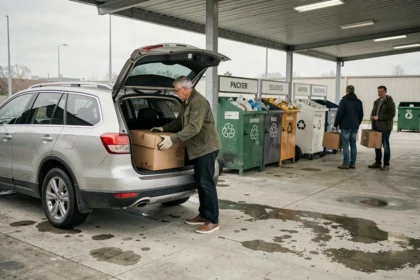 Un homme dépose des cartons dans une déchetterie municipale un jour d'affluence modérée