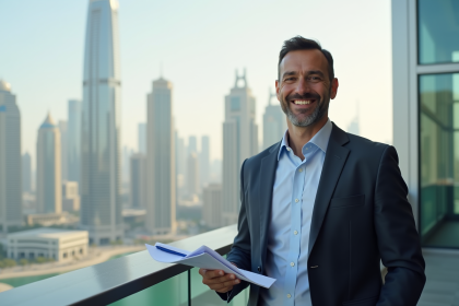 Homme d'affaires à Dubai avec skyline futuriste