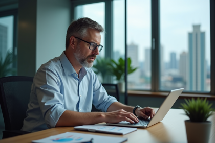 Homme d'affaires analysant des graphiques financiers sur une tablette