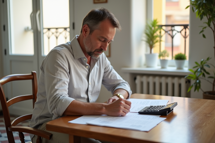Homme d'âge moyen en tenue décontractée examine des documents financiers dans un appartement espagnol