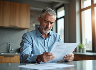 Homme d'âge moyen lisant des documents immobiliers dans une cuisine moderne