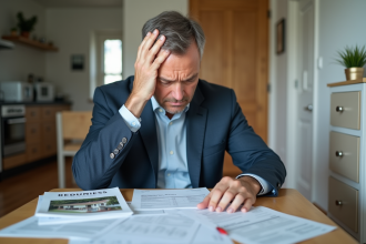 Homme inquiet avec factures et brochures immobilières