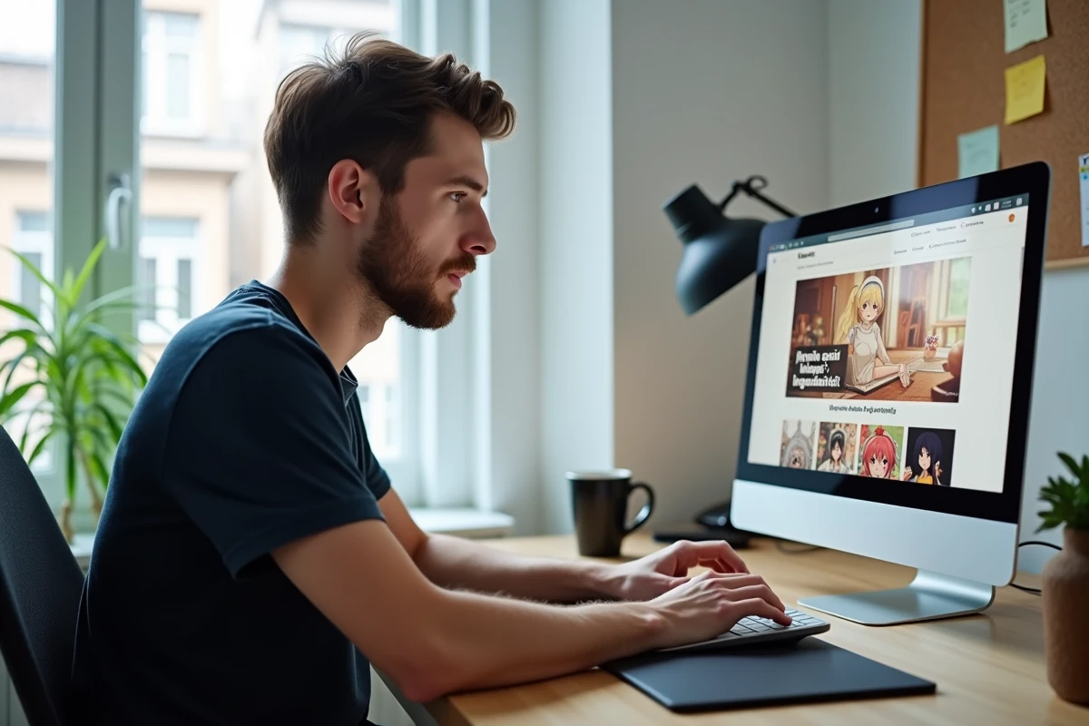 Jeune homme lisant des mangas en VF sur son ordinateur portable dans un bureau moderne et minimaliste