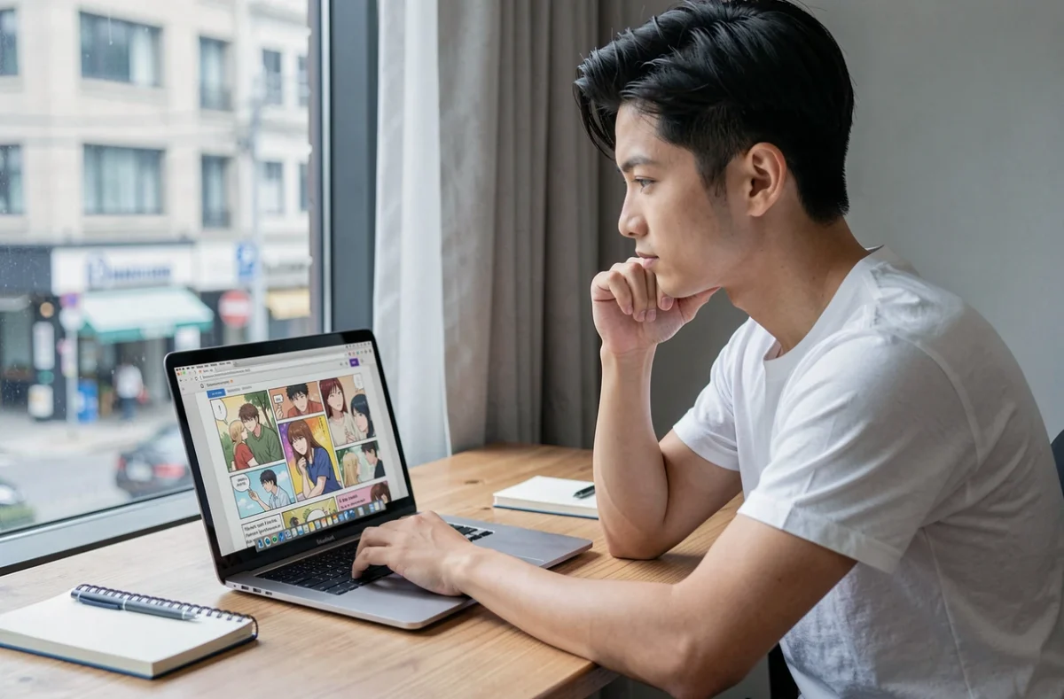 Jeune homme asiatique lisant un webtoon romantique sur ordinateur portable près d'une fenêtre avec vue urbaine