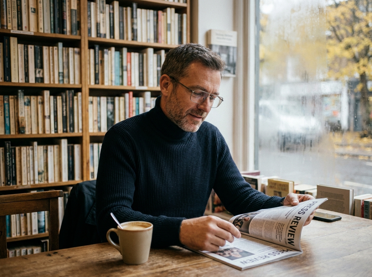 Homme avec des lunettes rectangulaires en métal lisant un magazine de presse dans une librairie indépendante en automne