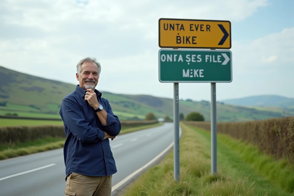 Homme observant un panneau routier bilingue affichant des distances en miles et en kilomètres à un carrefour de campagne