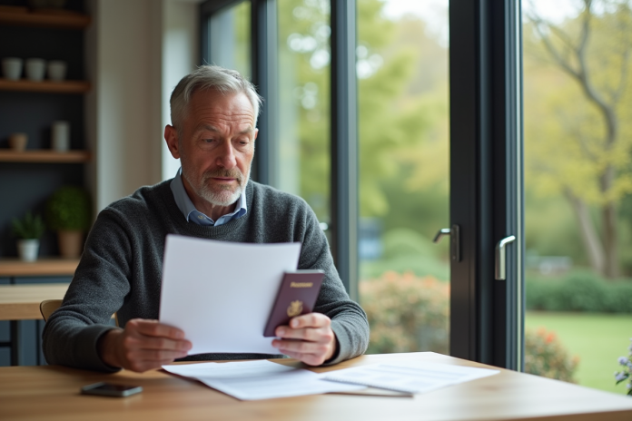 homme-papiers-passeport Homme d'âge moyen examinant documents et passeport