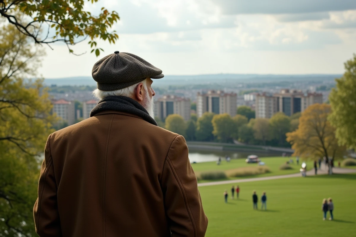 Homme âgé regardant la ville depuis un parc à Rennes