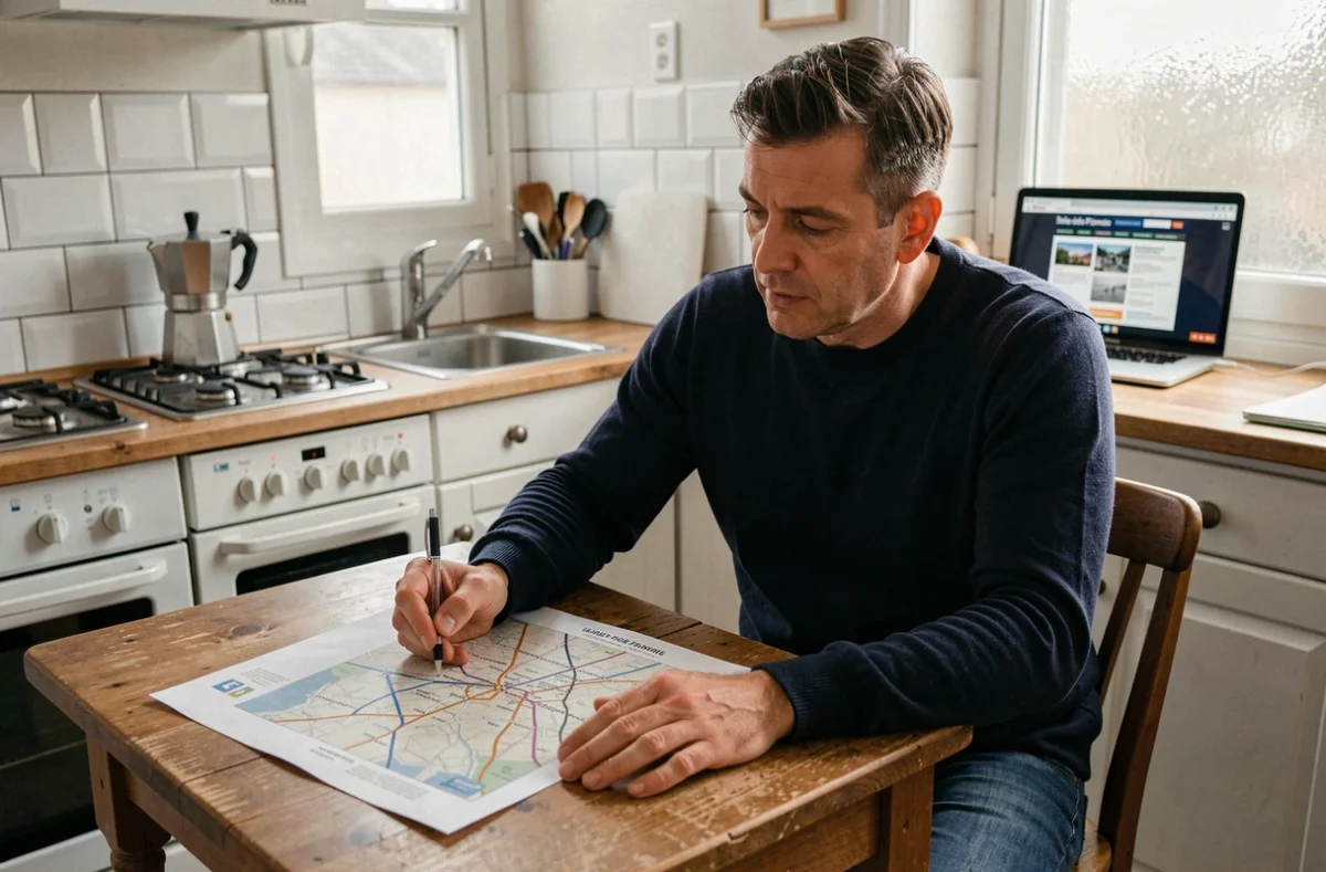 Homme consultant un plan RER imprimé en PDF sur une table de cuisine à Paris