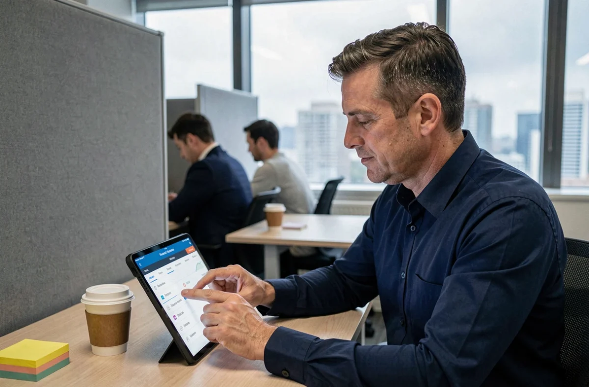 Homme vérifiant un planning d'astreinte sur tablette dans un bureau en open space