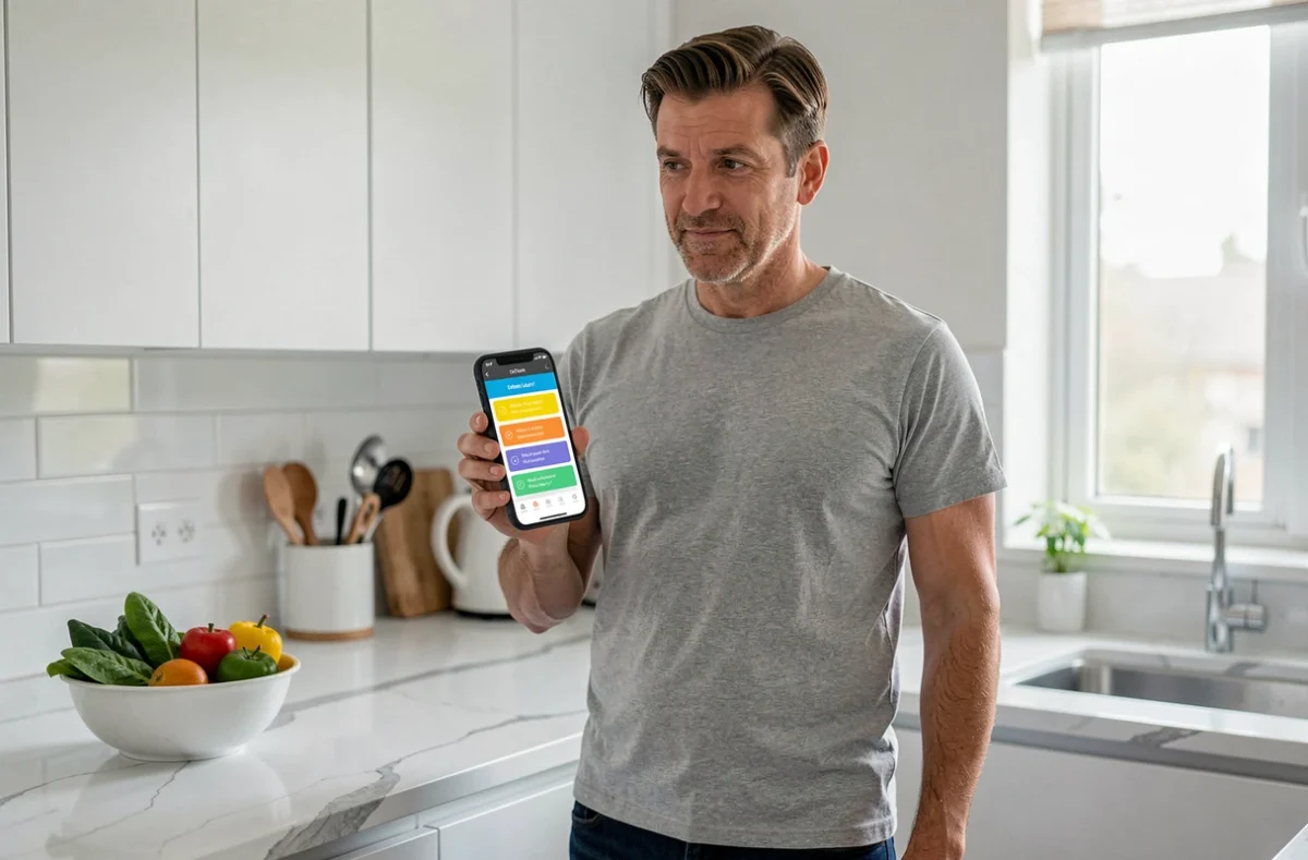 Homme répondant à un quiz de régime alimentaire sur smartphone dans une cuisine moderne, évaluation Leptithebdo