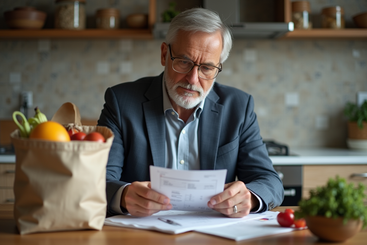Homme analysant ses notes de courses à la maison