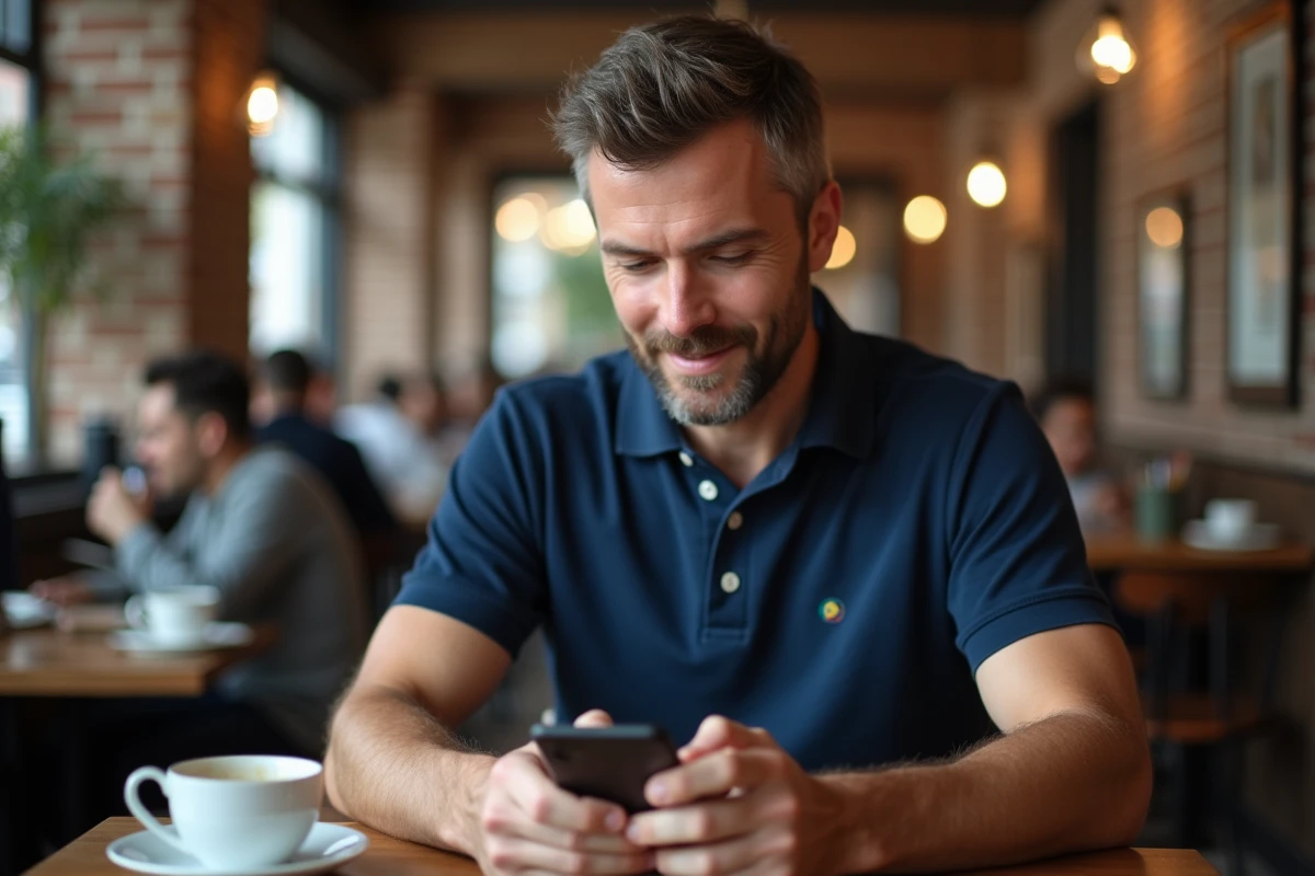 Homme rédigeant un avis détaillé sur Scoopium depuis un café urbain avec son smartphone