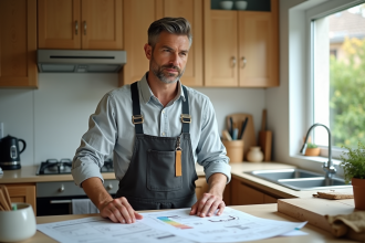 Homme en vêtements décontractés dans une cuisine lumineuse en rénovation