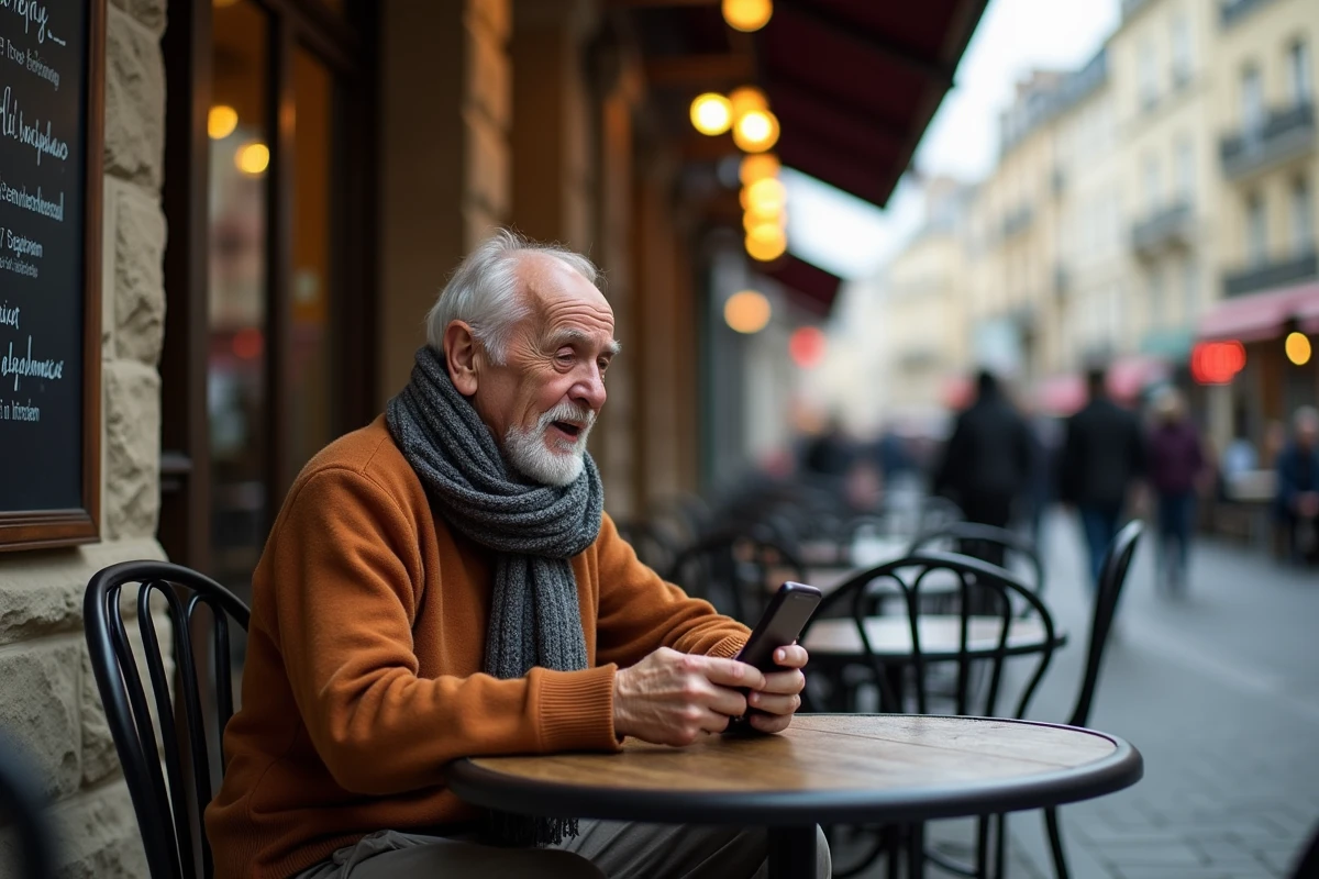 Homme âgé chantant dans un café parisien avec smartphone