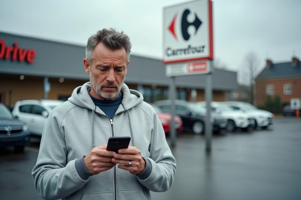 Homme tenant un smartphone avec un code promo devant un point de retrait Carrefour Drive