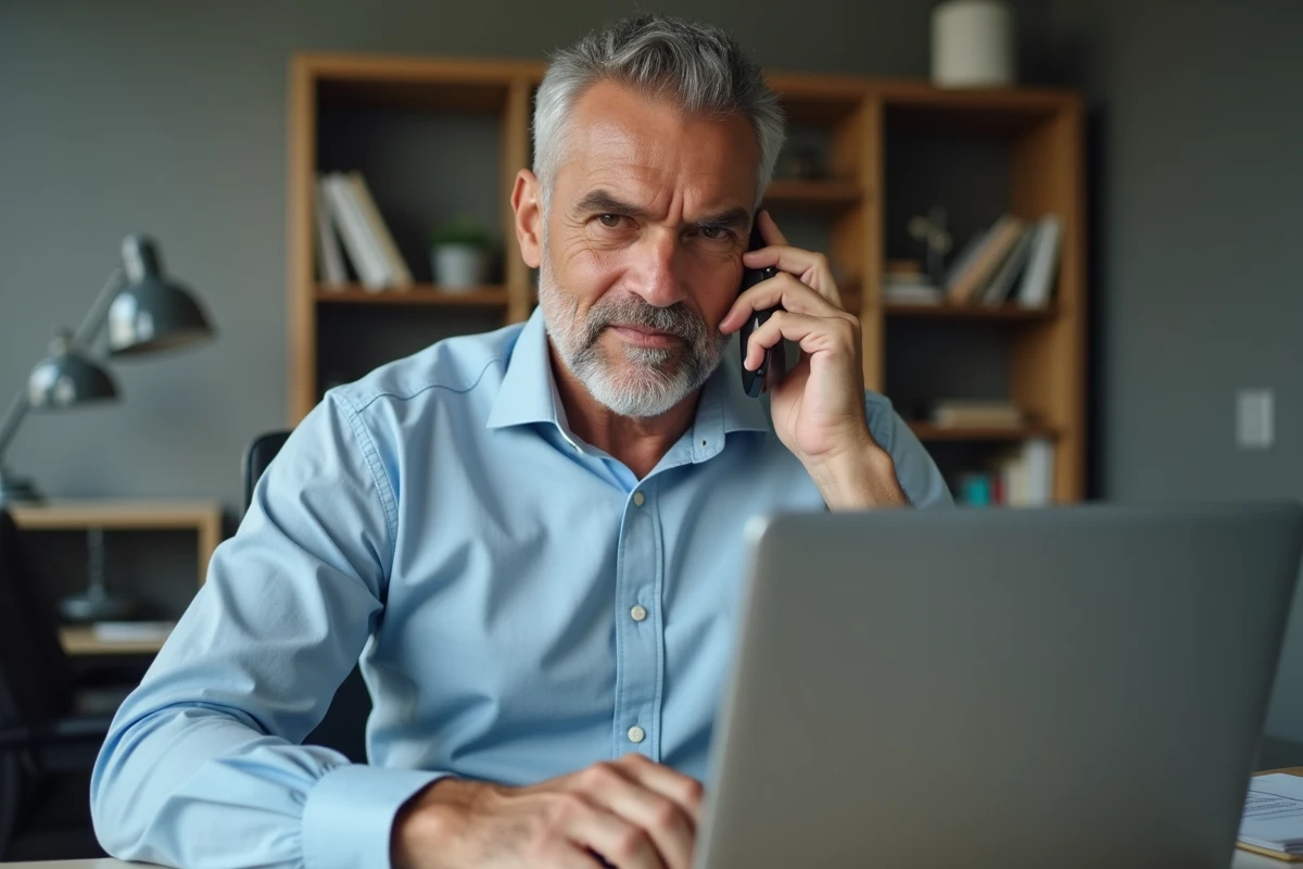 Homme au téléphone avec le service client Sosh devant son ordinateur portable ouvert