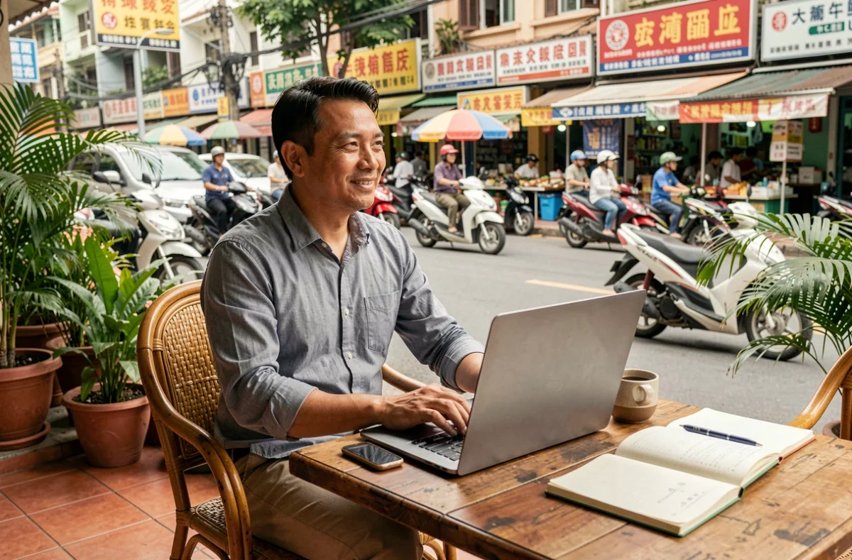 Homme en télétravail dans un café en plein air d'une ville asiatique animée, imaginant s'installer à l'étranger