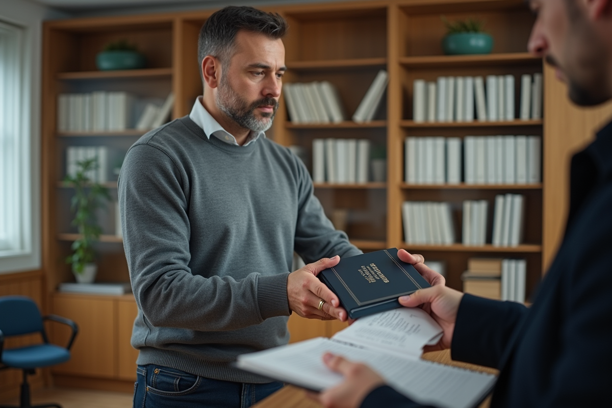 Homme remettant un livret familial à un agent dans un bureau officiel