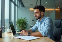 Evoluseo, retour d’expérience après plusieurs mois d’utilisation de la plateforme SEO Homme d affaires analysant des données sur un ordinateur dans un bureau moderne