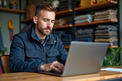Homme travailleur en bureau avec ordinateur portable et vêtements de travail
