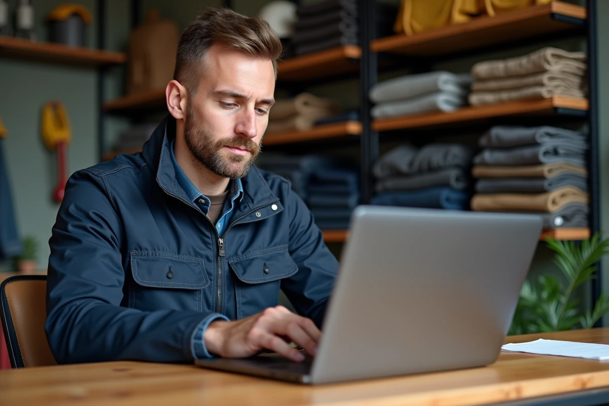 Homme travailleur en bureau avec ordinateur portable et vêtements de travail