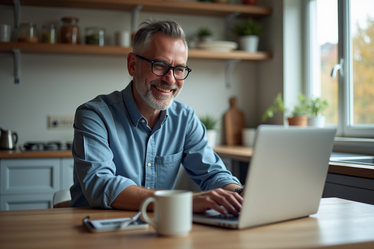 Homme en visioconference dans une cuisine chaleureuse