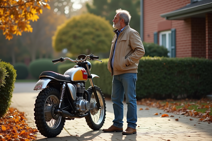 Homme d'âge moyen avec moto vintage en extérieur