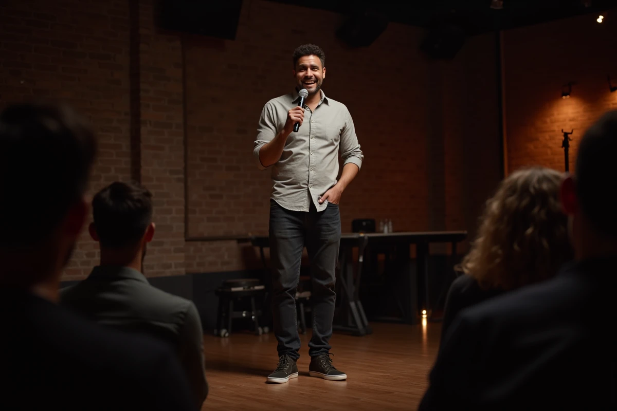 Humoriste de stand-up masculin sur scène dans un club de comédie intime, capturant l'instant d'une blague délicate avec une expression consciente