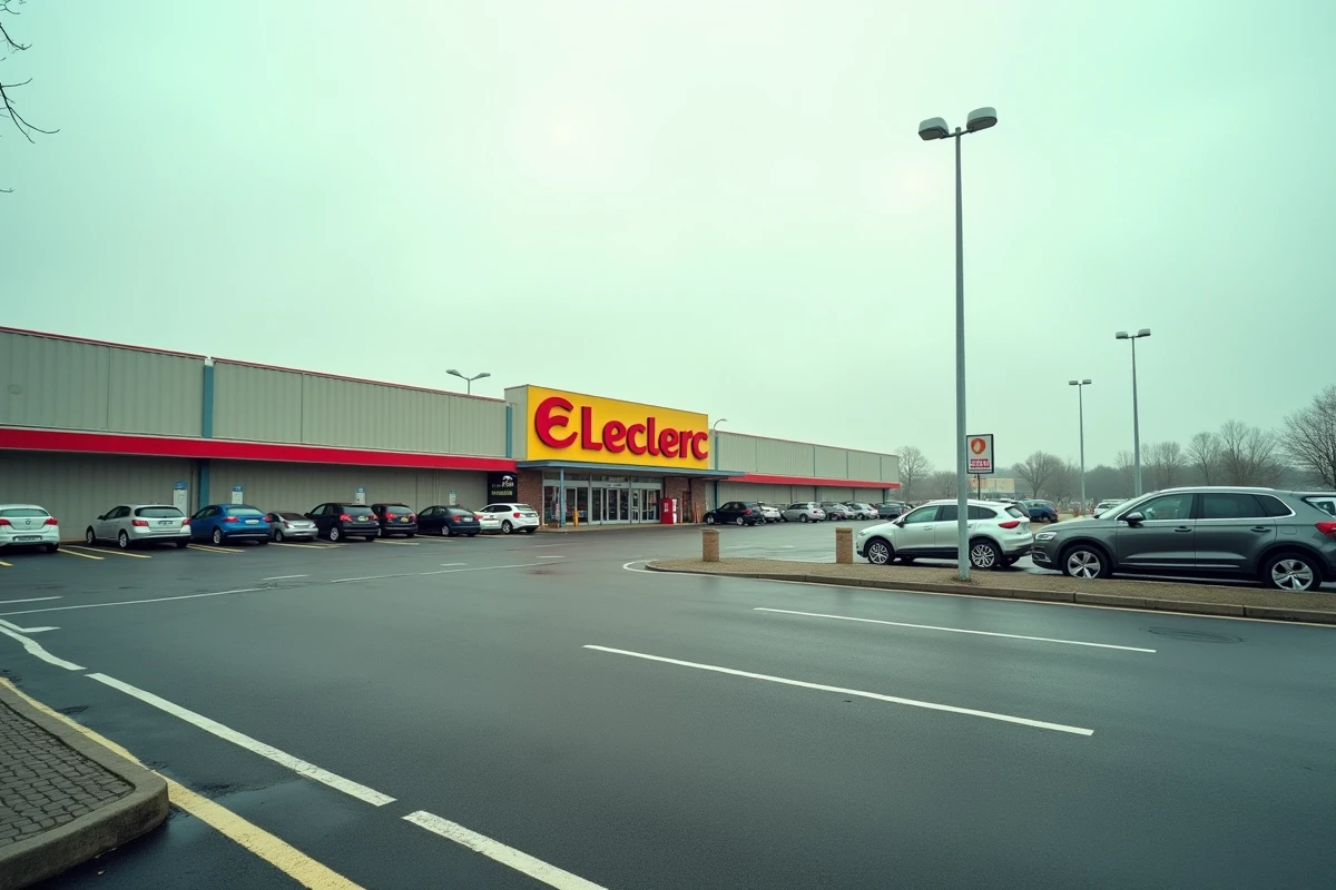Vue extérieure d'un hypermarché E Leclerc en périphérie de ville avec grand parking