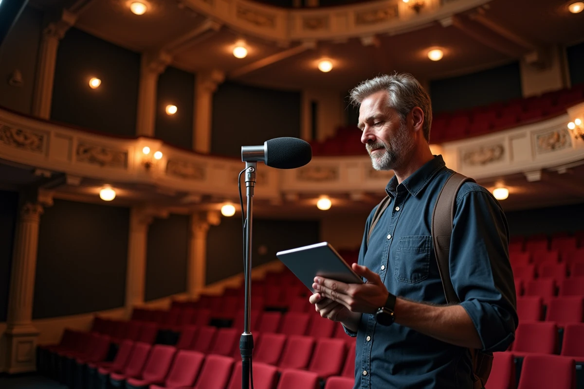 Ingénieur acousticien mesurant la qualité sonore dans une grande salle de cinéma historique avec un microphone de mesure
