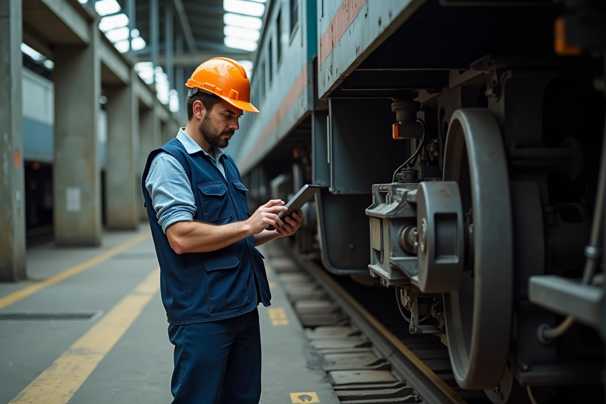 Ingénieur ferroviaire inspectant un équipement de diagnostic dans un dépôt de maintenance, illustrant l'expertise technique liée à IRIS02