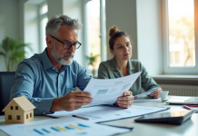 Investisseur confiant analysant documents immobiliers et finances