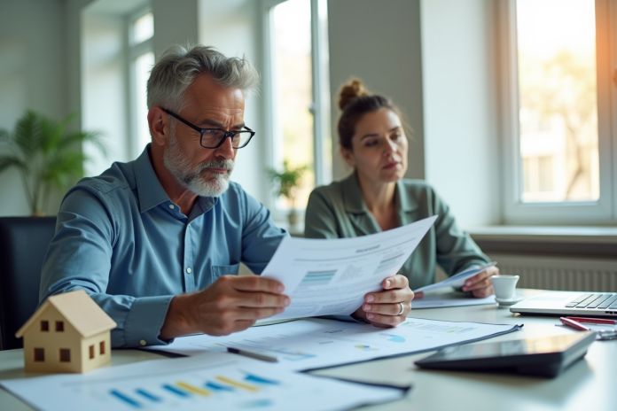 Investisseur confiant analysant documents immobiliers et finances