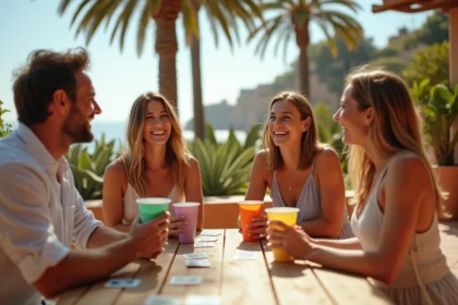 Groupe d'amis jouant à un jeu de cartes autour d'une table de pique-nique en vacances avec des palmiers en fond