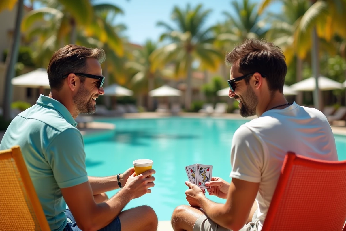 Deux hommes jouant à un jeu de cartes au bord d'une piscine de resort tropical avec des palmiers en arrière-plan