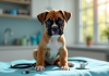 Chiot boxer assis sur une table d'examen vétérinaire
