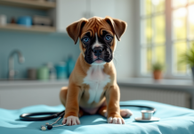 Chiot boxer assis sur une table d'examen vétérinaire