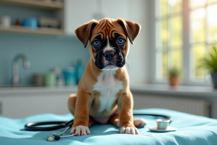 Chiot boxer assis sur une table d'examen vétérinaire