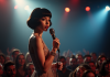 Jeune chanteuse française avec coupe courte noire sur scène
