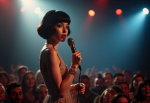 Jeune chanteuse française avec coupe courte noire sur scène