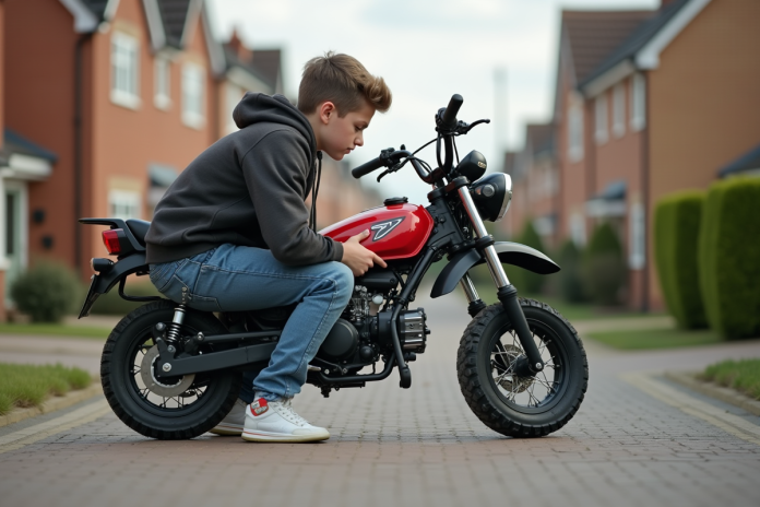 Jeune garçon en jeans et hoodie inspectant sa moto 50cc dehors