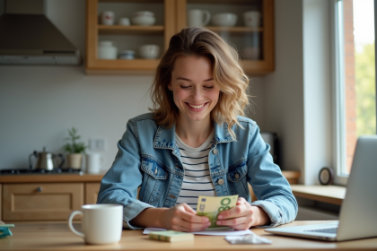 Jeune femme comptant des billets d euros dans une cuisine lumineuse