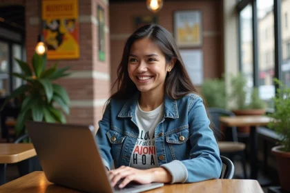 Jeune femme souriante travaillant sur un laptop dans un café bordelais