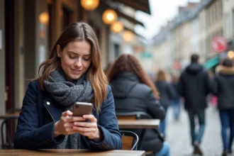 Jeune femme avec smartphone dans un café à Rennes