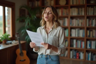 Jeune femme chantant avec paroles dans une pièce chaleureuse