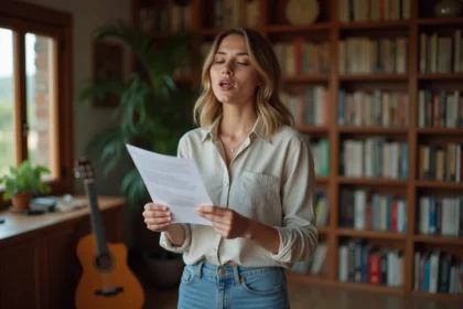 Jeune femme chantant avec paroles dans une pièce chaleureuse